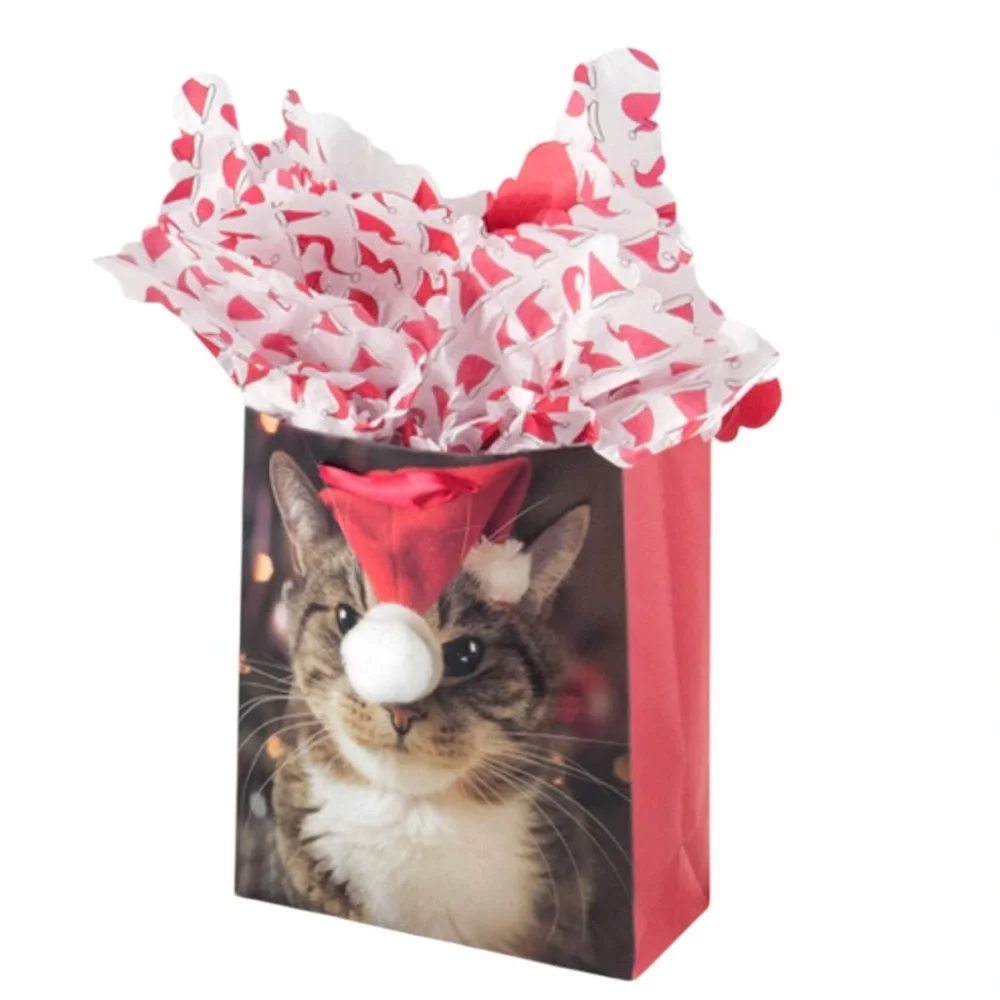 Kitten 3D Pom Pom Santa Hat Small Christmas Gift Bag